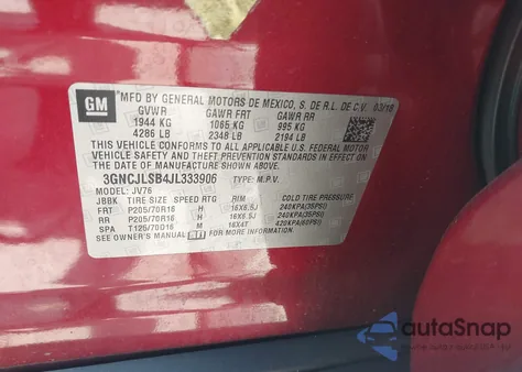 2018 Chevrolet Trax Lt из США, поврежденный, VIN 3GNCJLSB4JL333906